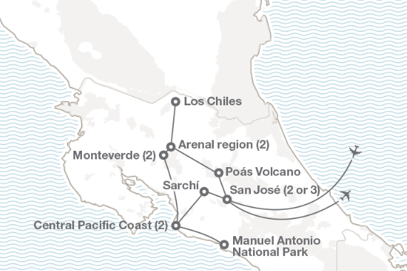 Map of the 2020 trip to Costa Rica